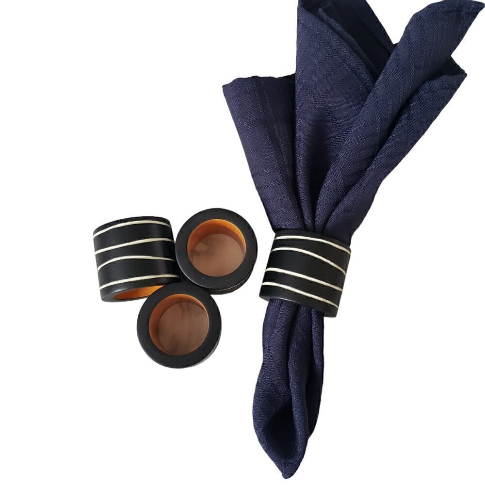 Vintage Thick Wooden Round Napkin Rings Black with White Stripes Set of 4 MCM
